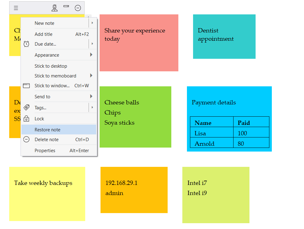One-click restore button to bring back the sticky note from trash